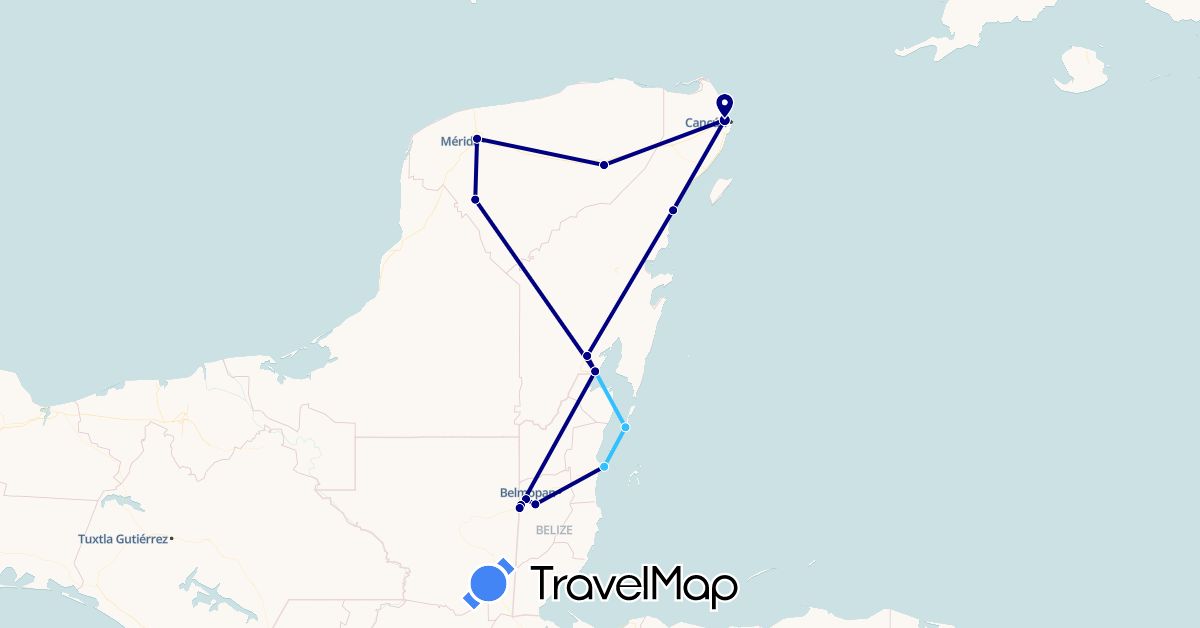 TravelMap itinerary: driving, boat in Belize, Mexico (North America)